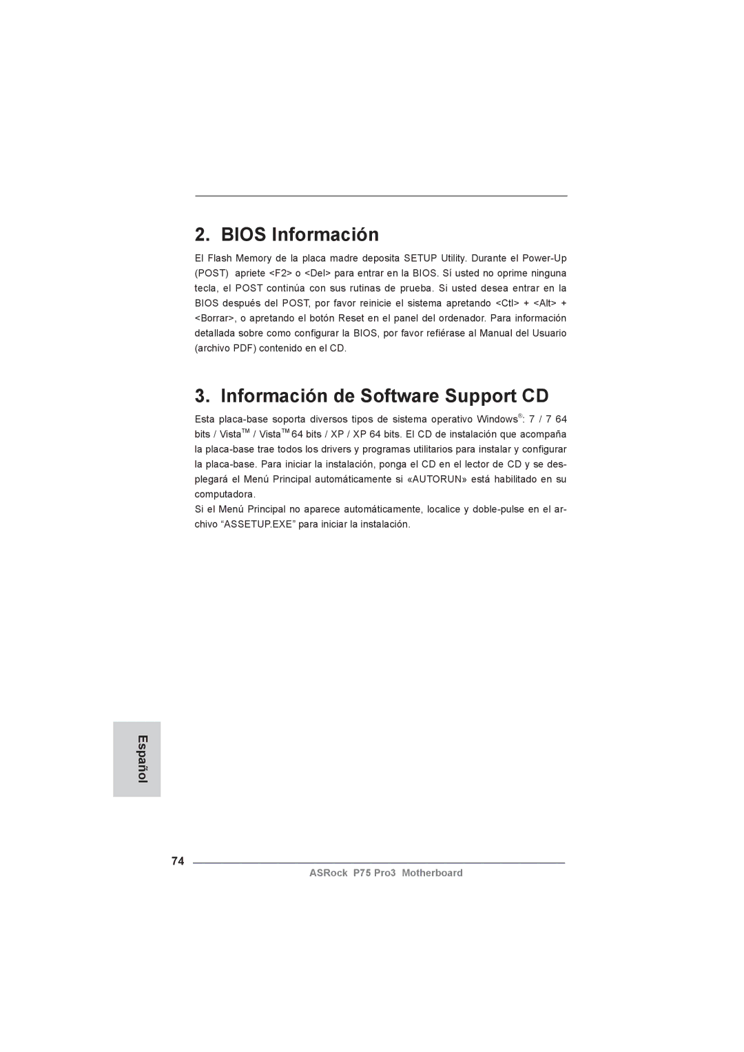 ASRock P75 Pro3 manual Bios Información Información de Software Support CD 