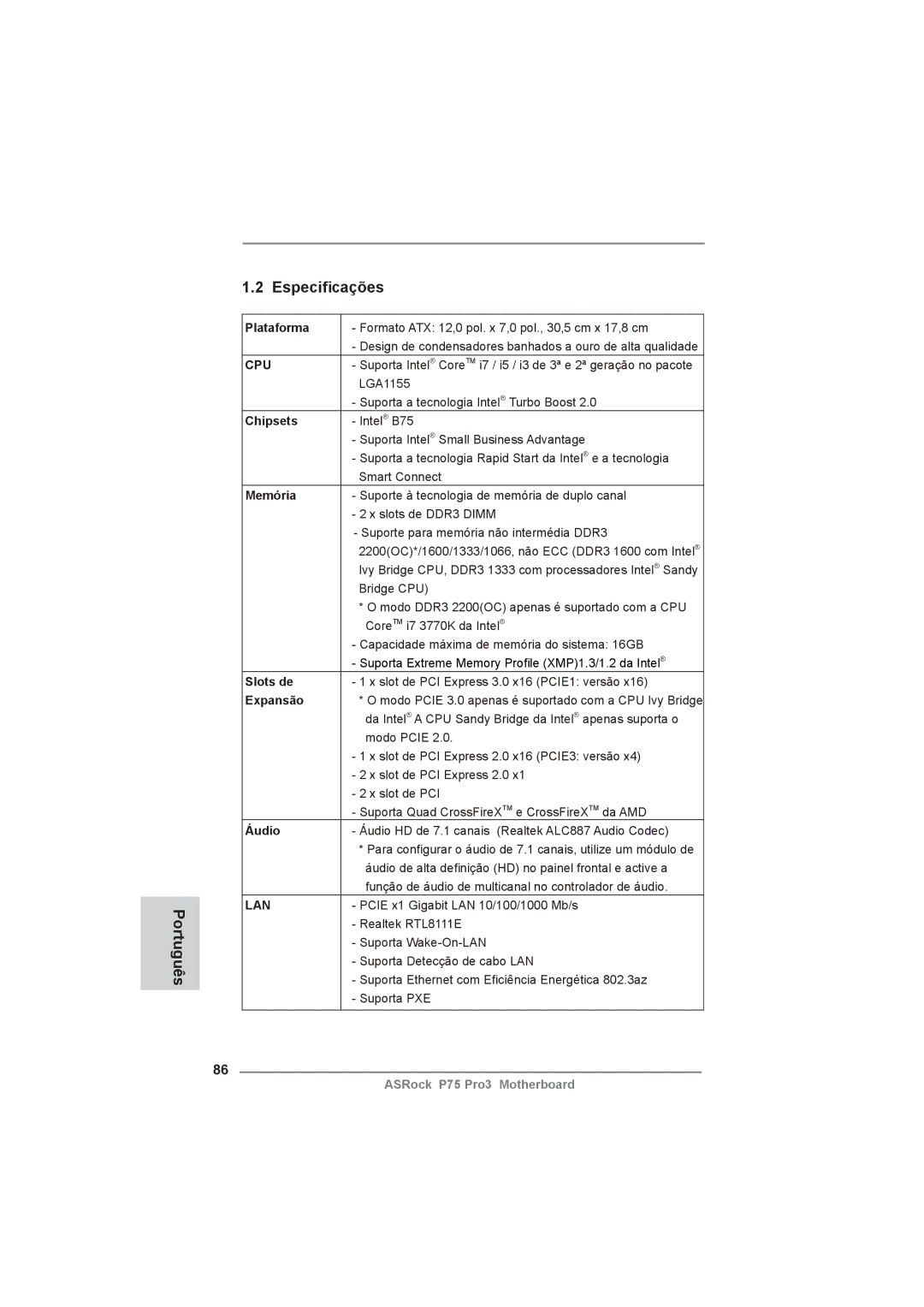 ASRock P75 Pro3 manual Português Especiﬁcações, Memória, Slots de, Expansão, Áudio 