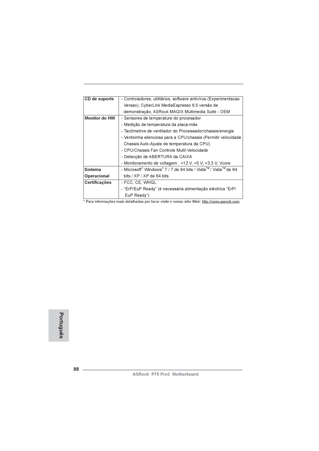ASRock P75 Pro3 manual CD de suporte, Monitor do HW, Sistema, Operacional, Certiﬁcações 
