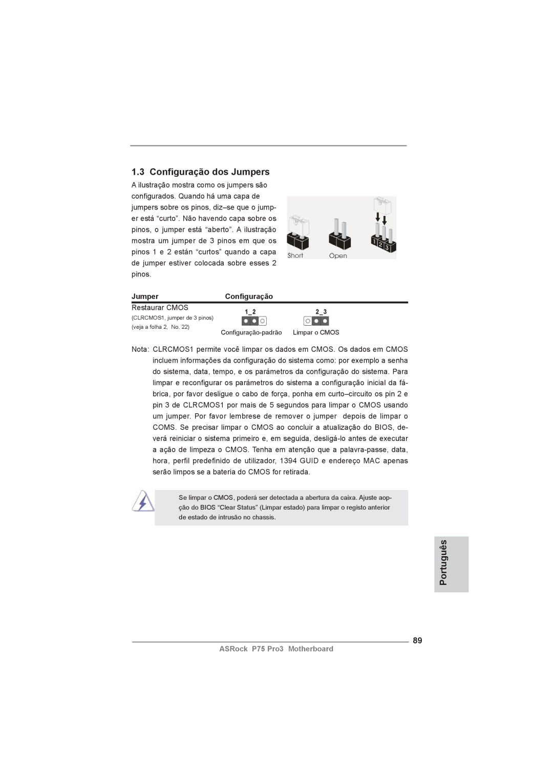 ASRock P75 Pro3 Conﬁguração dos Jumpers, JumperConﬁguração, Restaurar Cmos, CLRCMOS1, jumper de 3 pinos veja a folha 2, No 