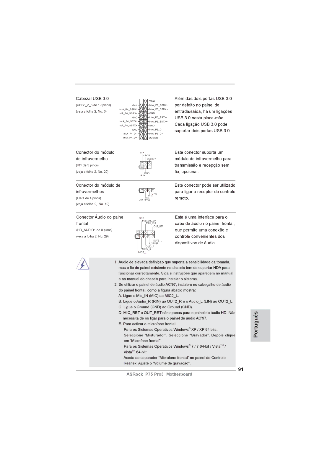 ASRock P75 Pro3 manual Este conector suporta um, De infravermelho, Módulo de infravermelho para, Transmissão e recepção sem 