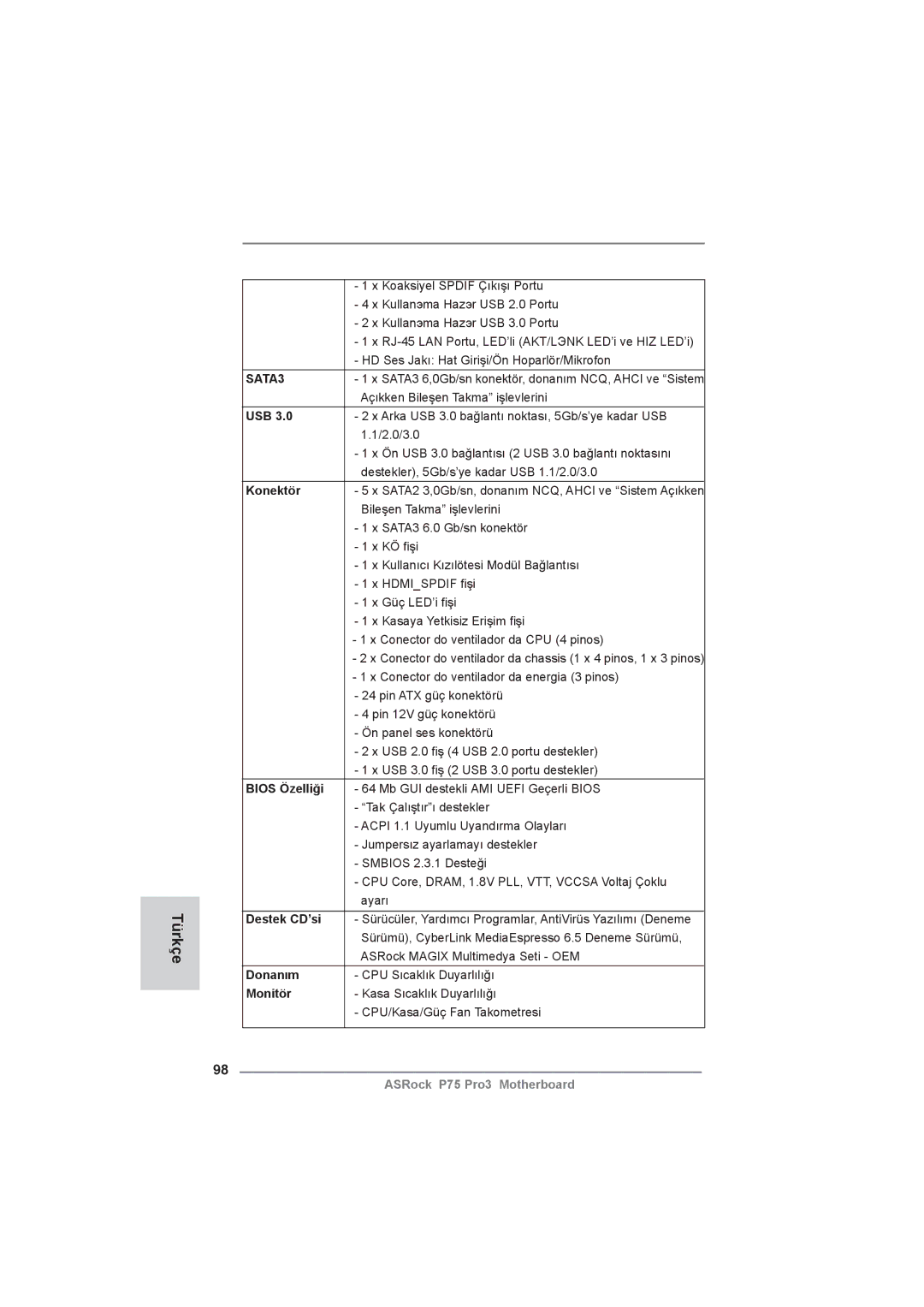 ASRock P75 Pro3 manual Türkçe 