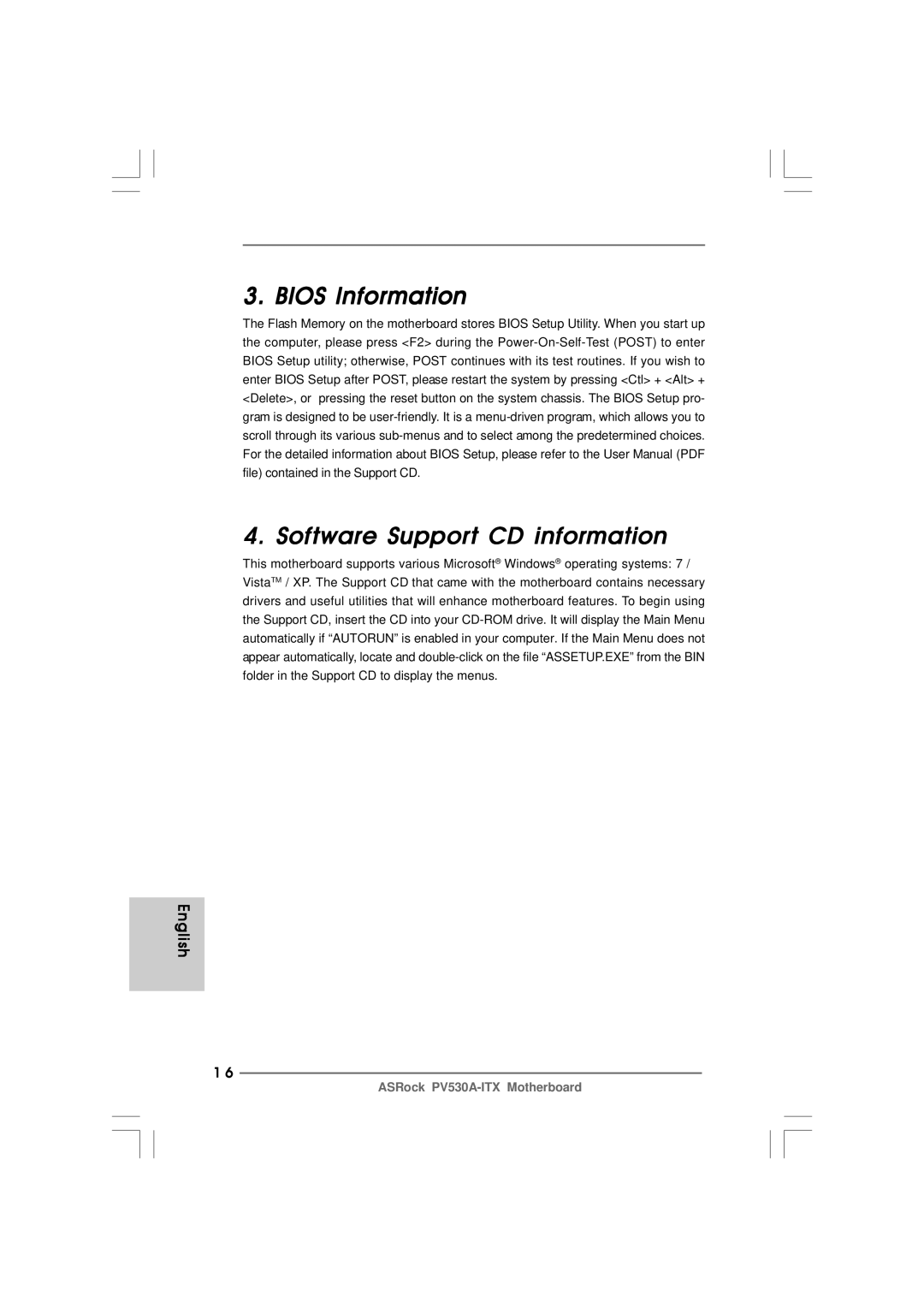 ASRock PV530A-ITX manual Bios Information Software Support CD information 