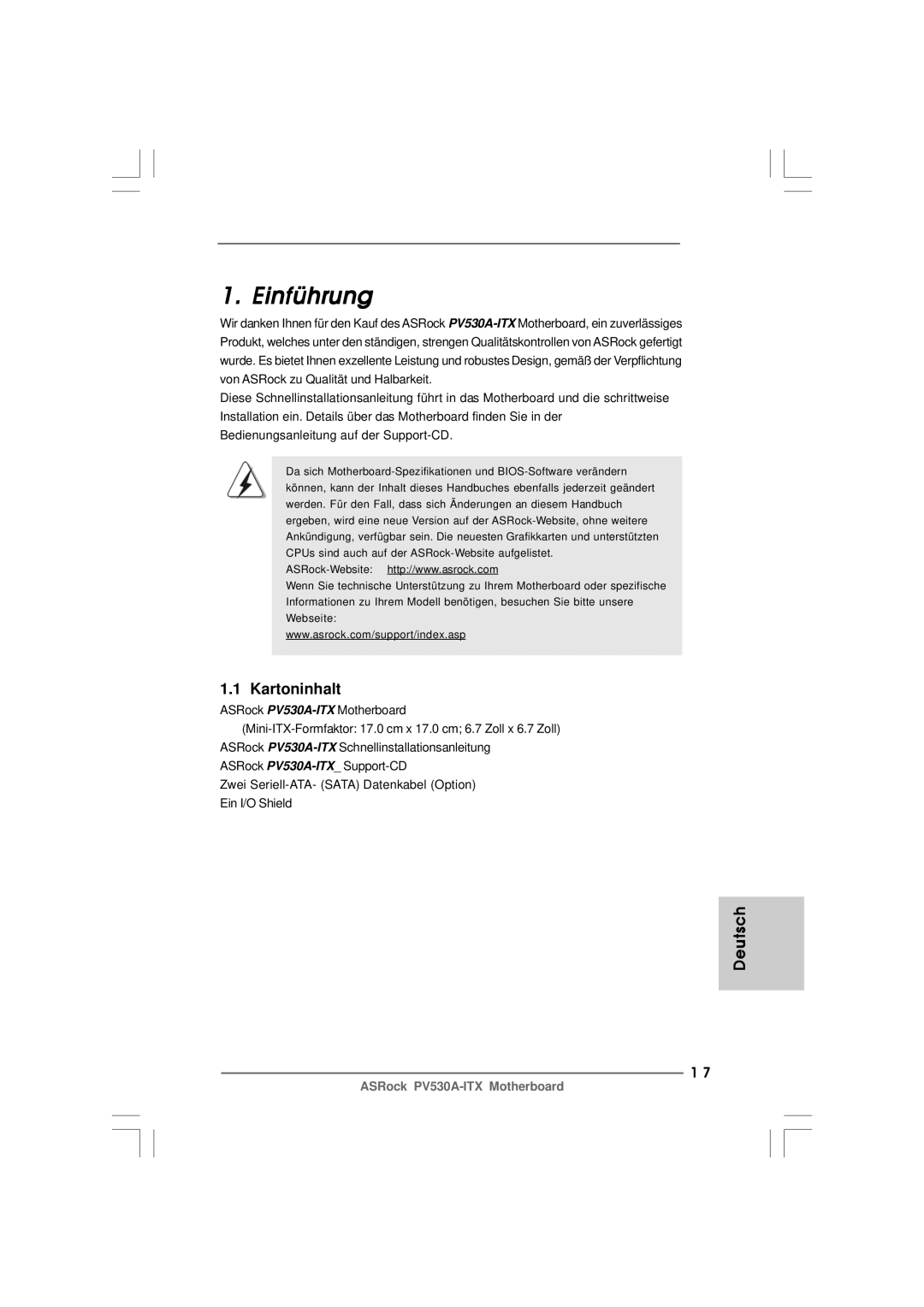 ASRock PV530A-ITX manual Einführung, Kartoninhalt, Deutsch 