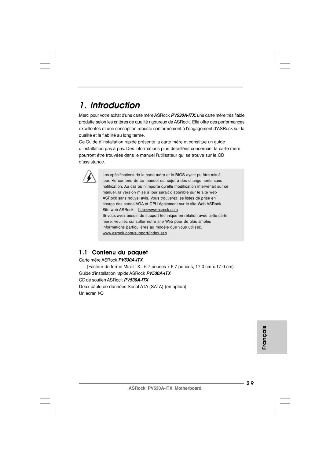 ASRock PV530A-ITX manual Contenu du paquet, Français 