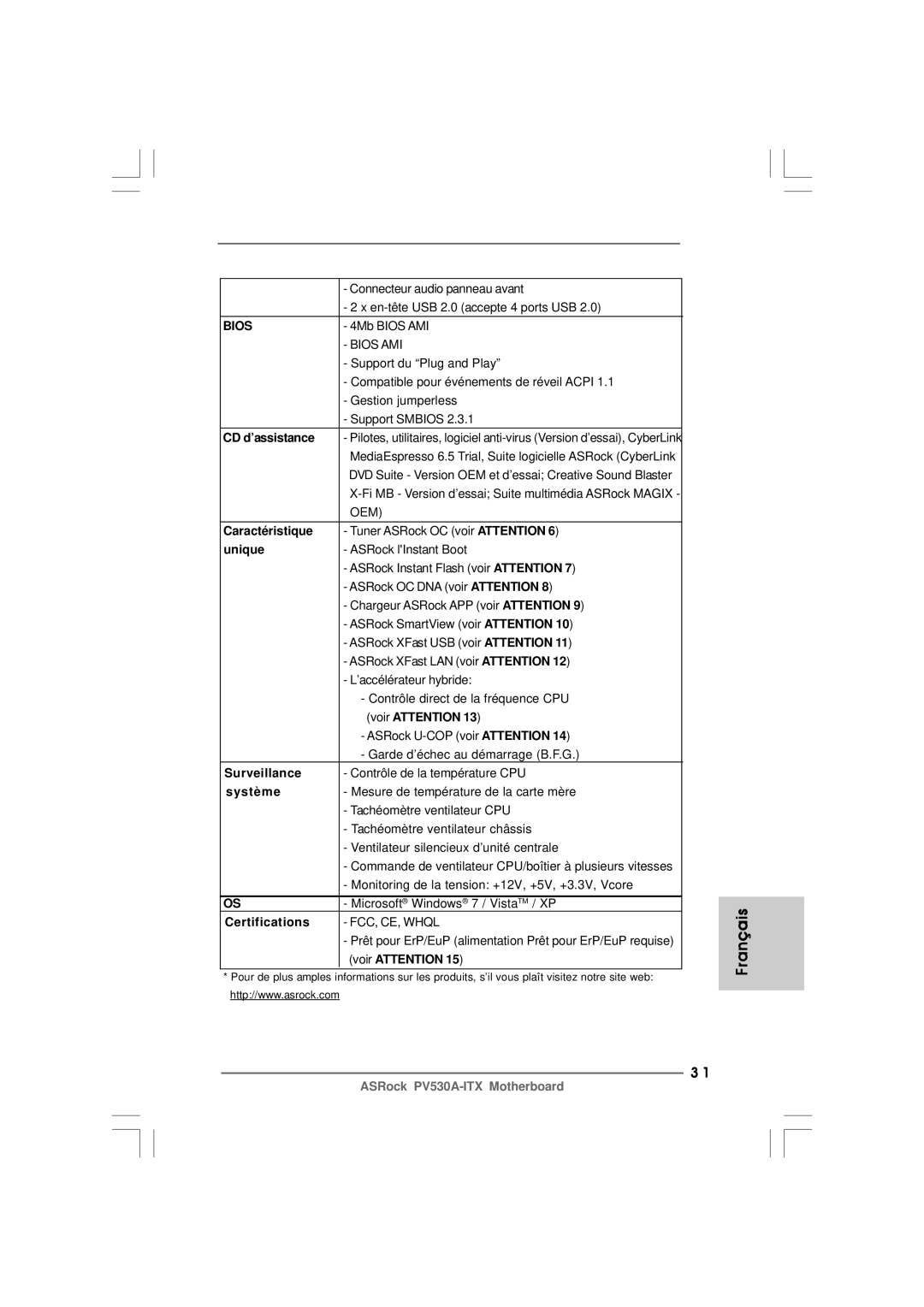 ASRock PV530A-ITX manual CD d’assistance, Caractéristique, Unique, Surveillance, Système 