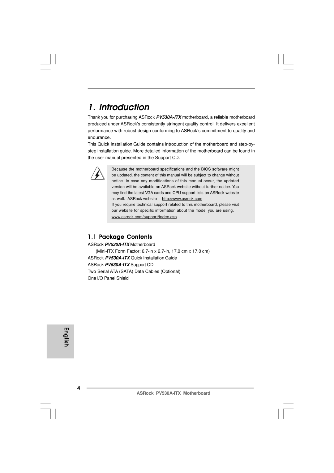 ASRock PV530A-ITX manual Introduction, Package Contents 