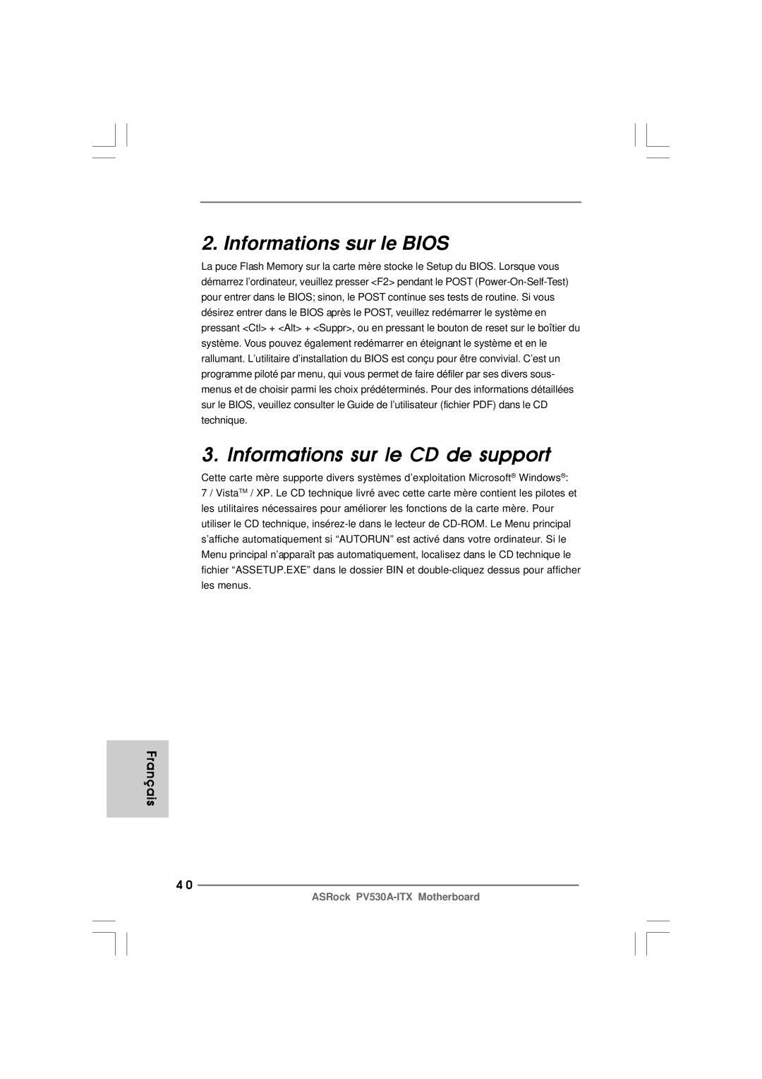 ASRock PV530A-ITX manual Informations sur le Bios Informations sur le CD de support 