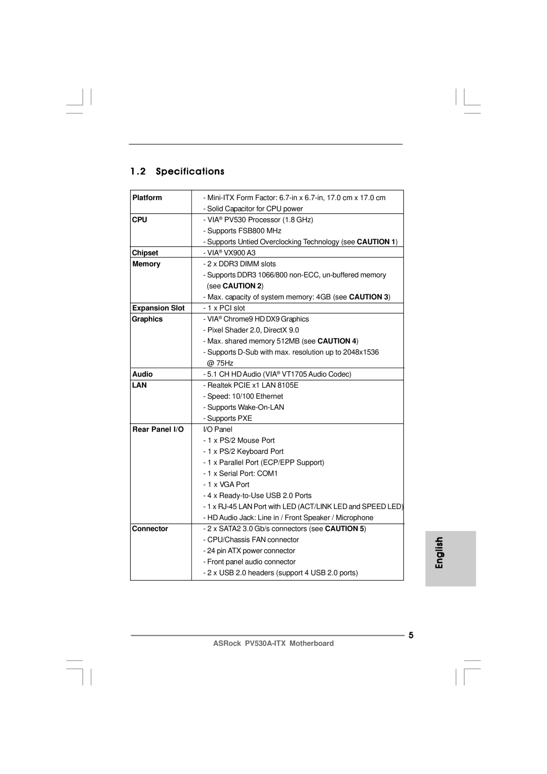 ASRock PV530A-ITX manual Specifications 