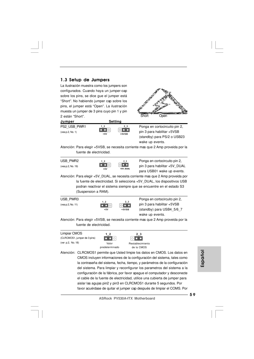 ASRock PV530A-ITX manual Setup de Jumpers 