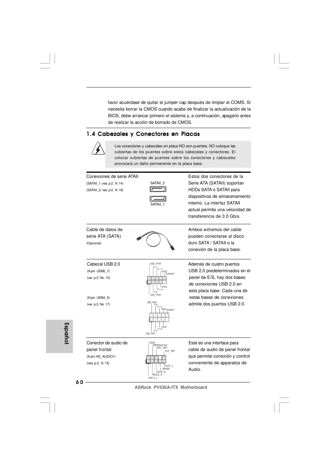 ASRock PV530A-ITX manual Cabezales y Conectores en Placas 