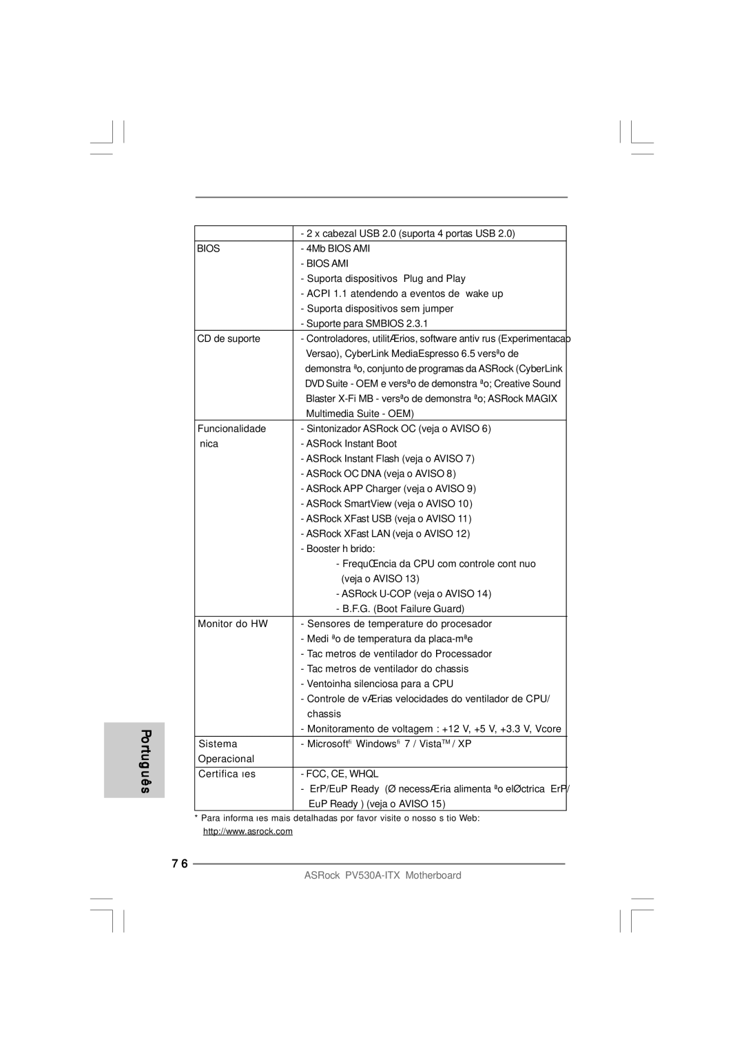 ASRock PV530A-ITX manual CD de suporte, Funcionalidade, Monitor do HW, Sistema, Operacional Certificações 