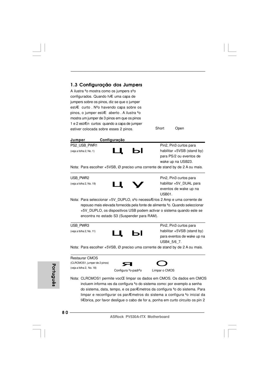 ASRock PV530A-ITX manual Português Configuração dos Jumpers 