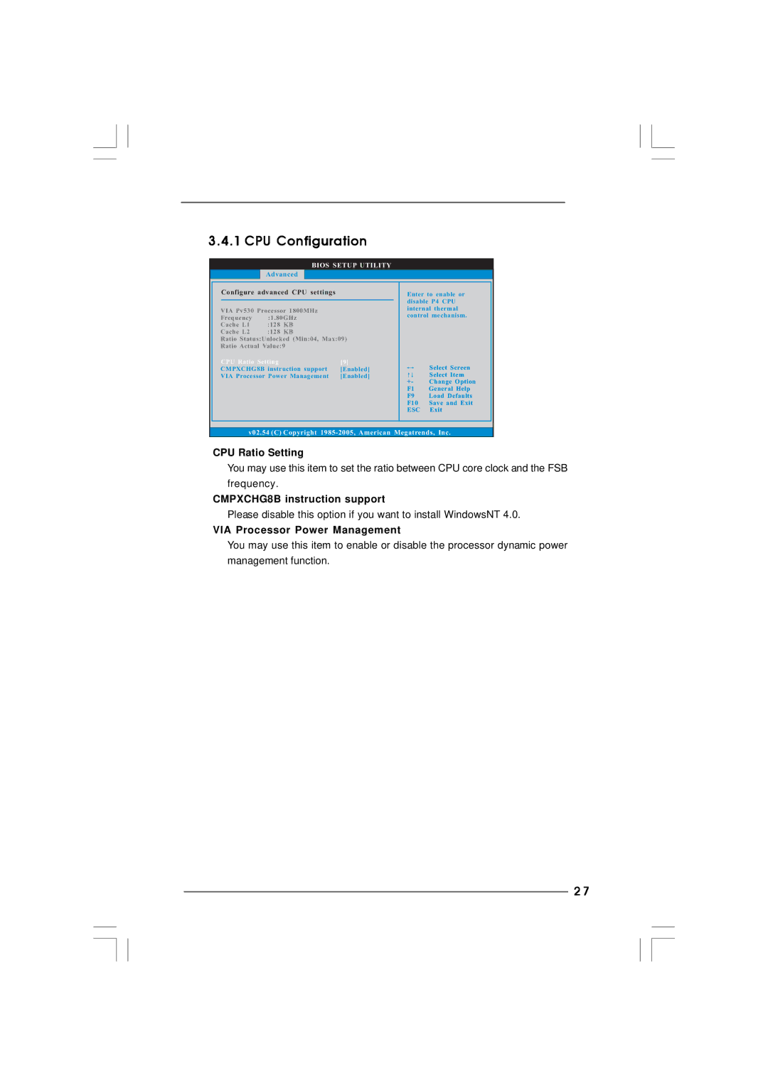 ASRock PV530A-ITX CPU Configuration, CMPXCHG8B instruction support, VIA Processor Power Management, CPU Ratio Setting 