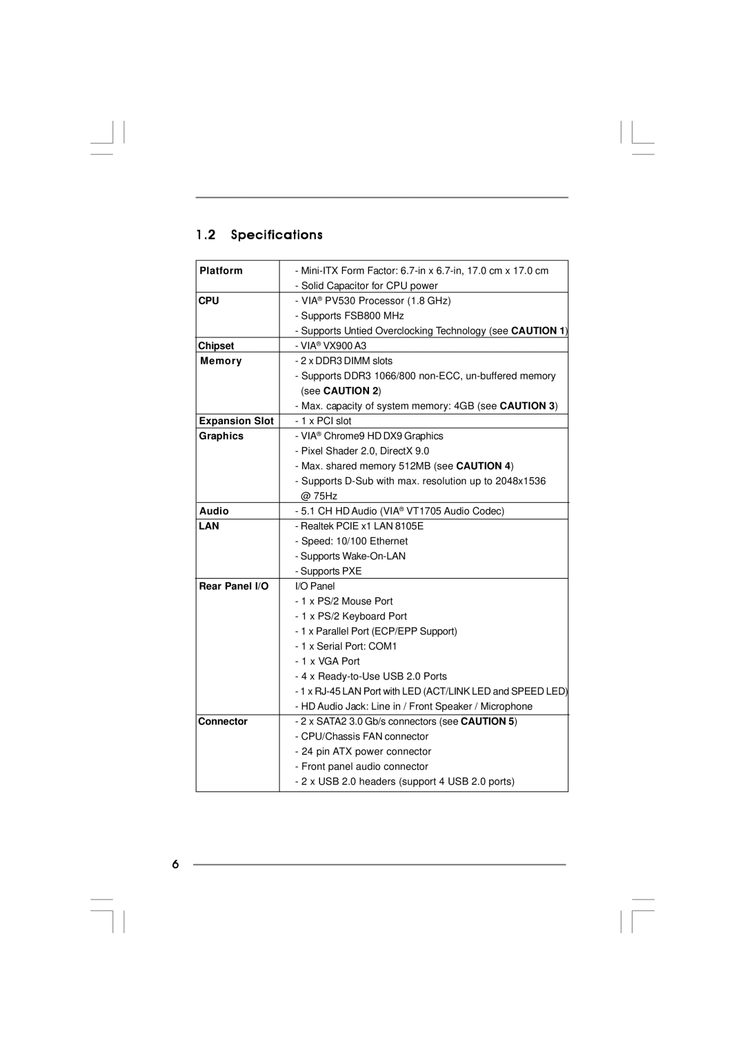 ASRock PV530A-ITX manual Specifications 