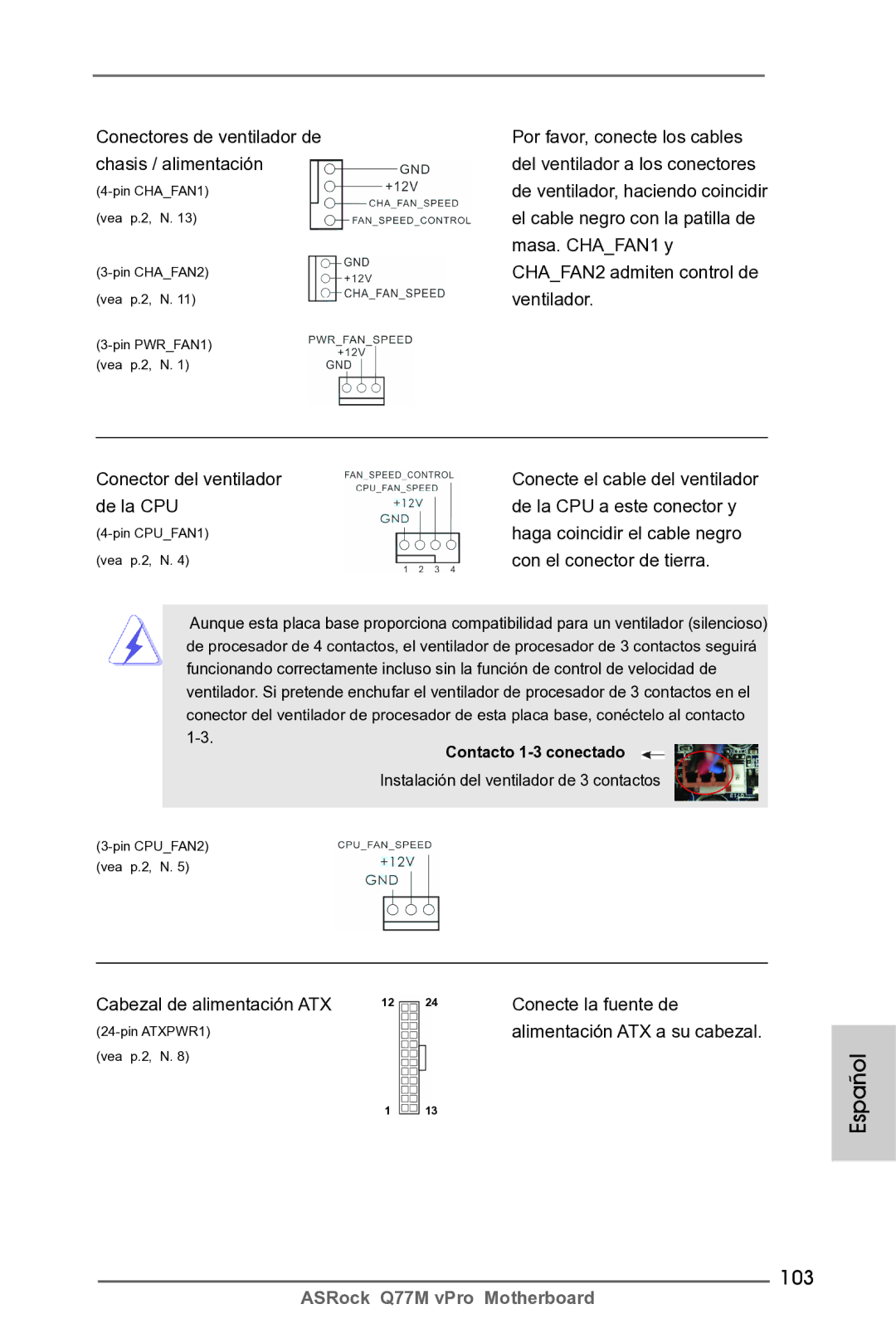 ASRock Q77M vPro manual 103, Cabezal de alimentación ATX 