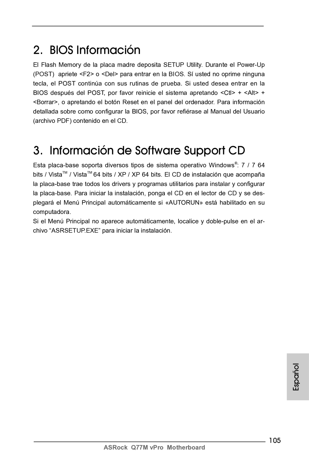 ASRock Q77M vPro manual Bios Información Información de Software Support CD, 105 