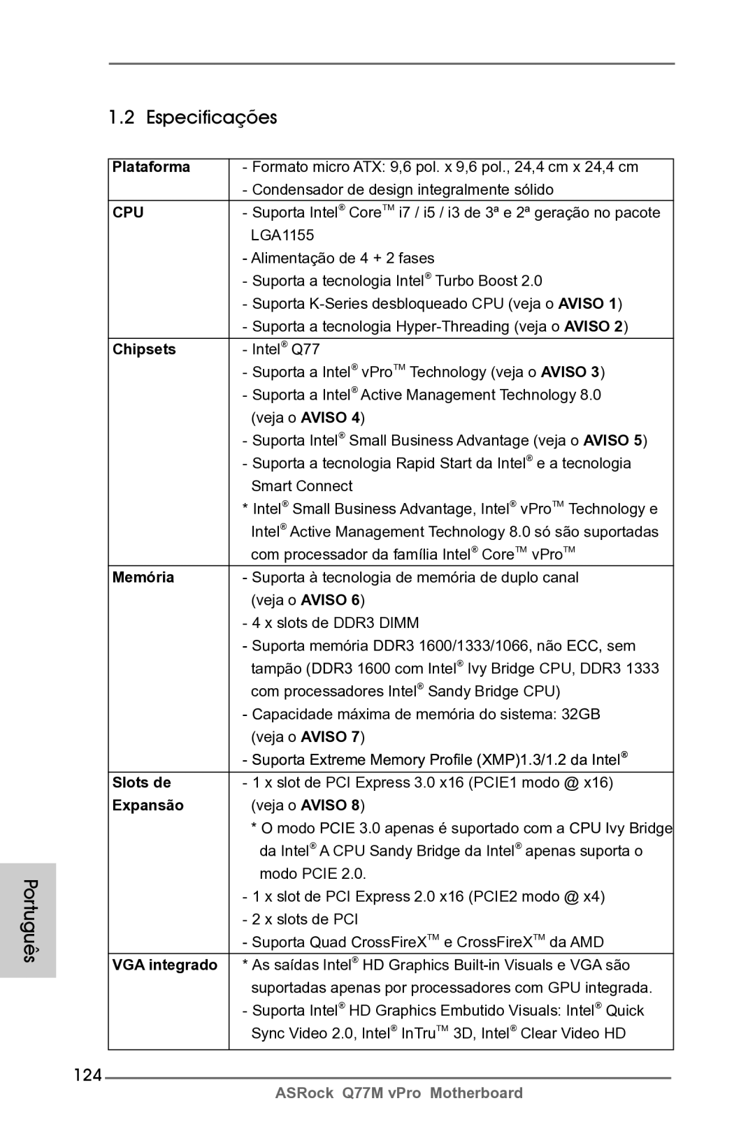 ASRock Q77M vPro manual Português Especificações, 124 