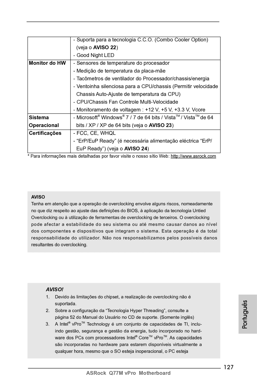 ASRock Q77M vPro manual 127, Monitor do HW, Sistema, Operacional, Certificações 