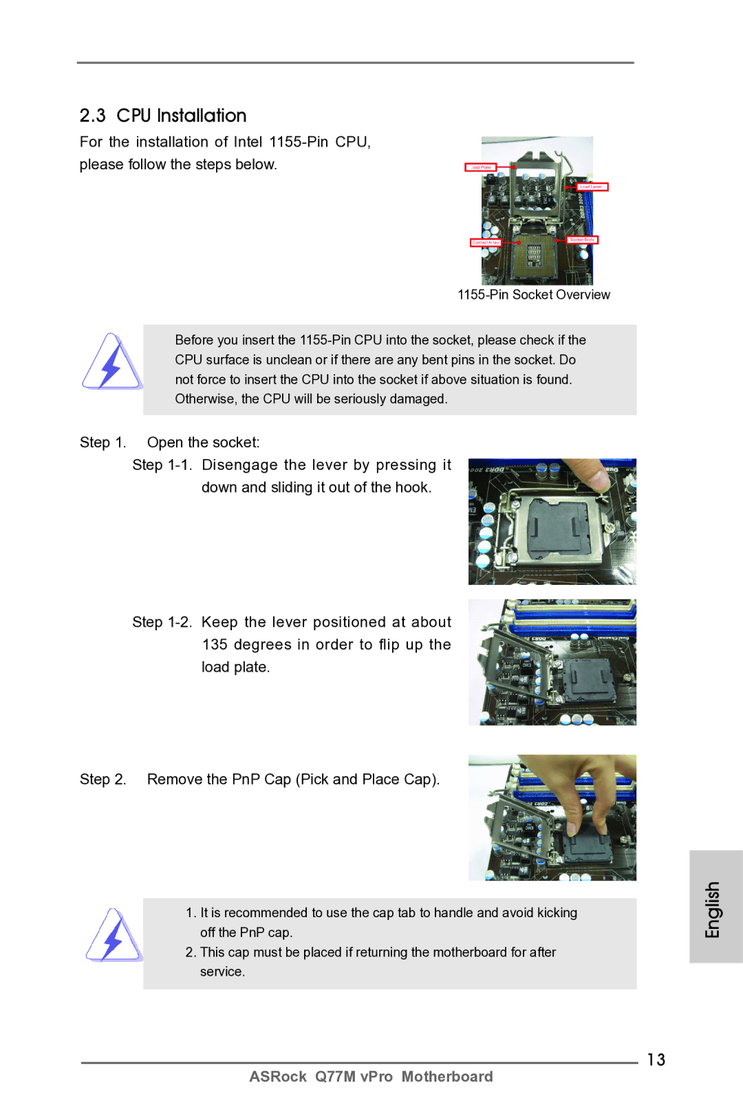 ASRock Q77M vPro manual CPU Installation 