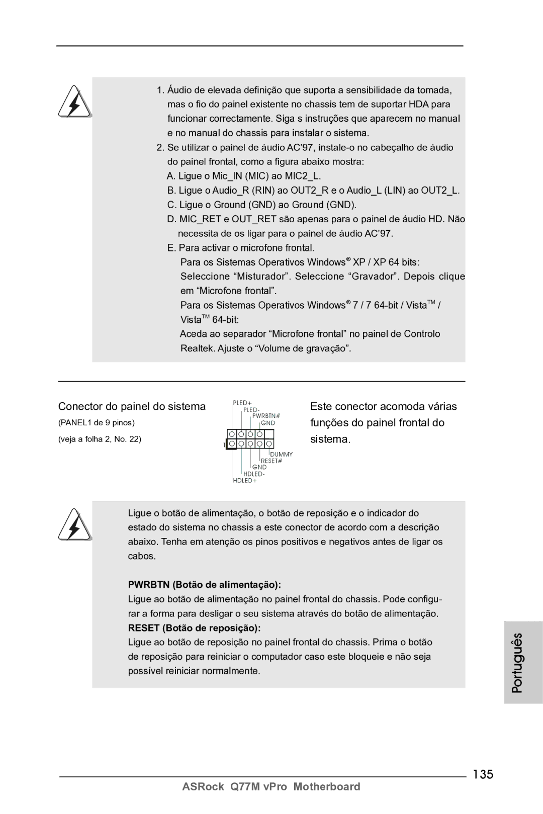 ASRock Q77M vPro manual 135, Conector do painel do sistema, Funções do painel frontal do, Pwrbtn Botão de alimentação 