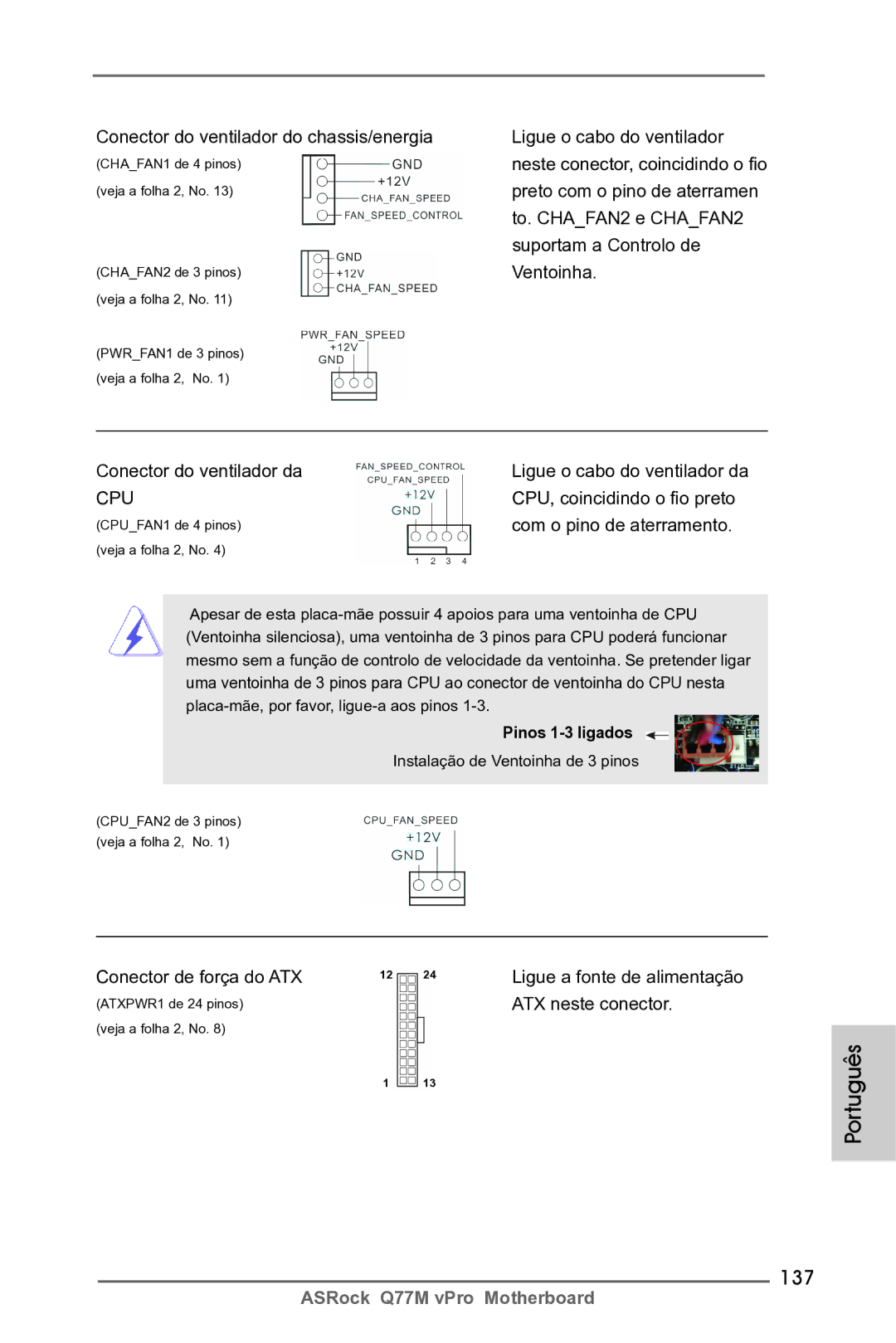 ASRock Q77M vPro manual 137, Conector de força do ATX 