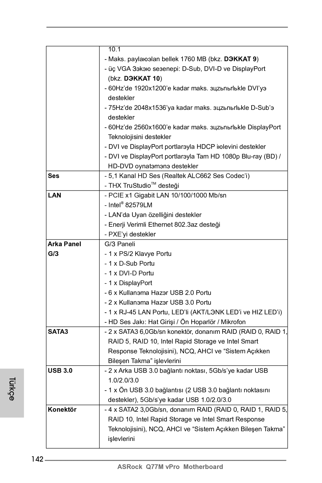 ASRock Q77M vPro manual 142, Bkz. Dэkkat, Ses, Arka Panel, Konektör 