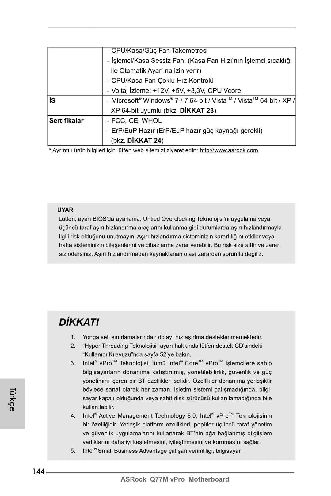 ASRock Q77M vPro manual 144, Sertifikalar 