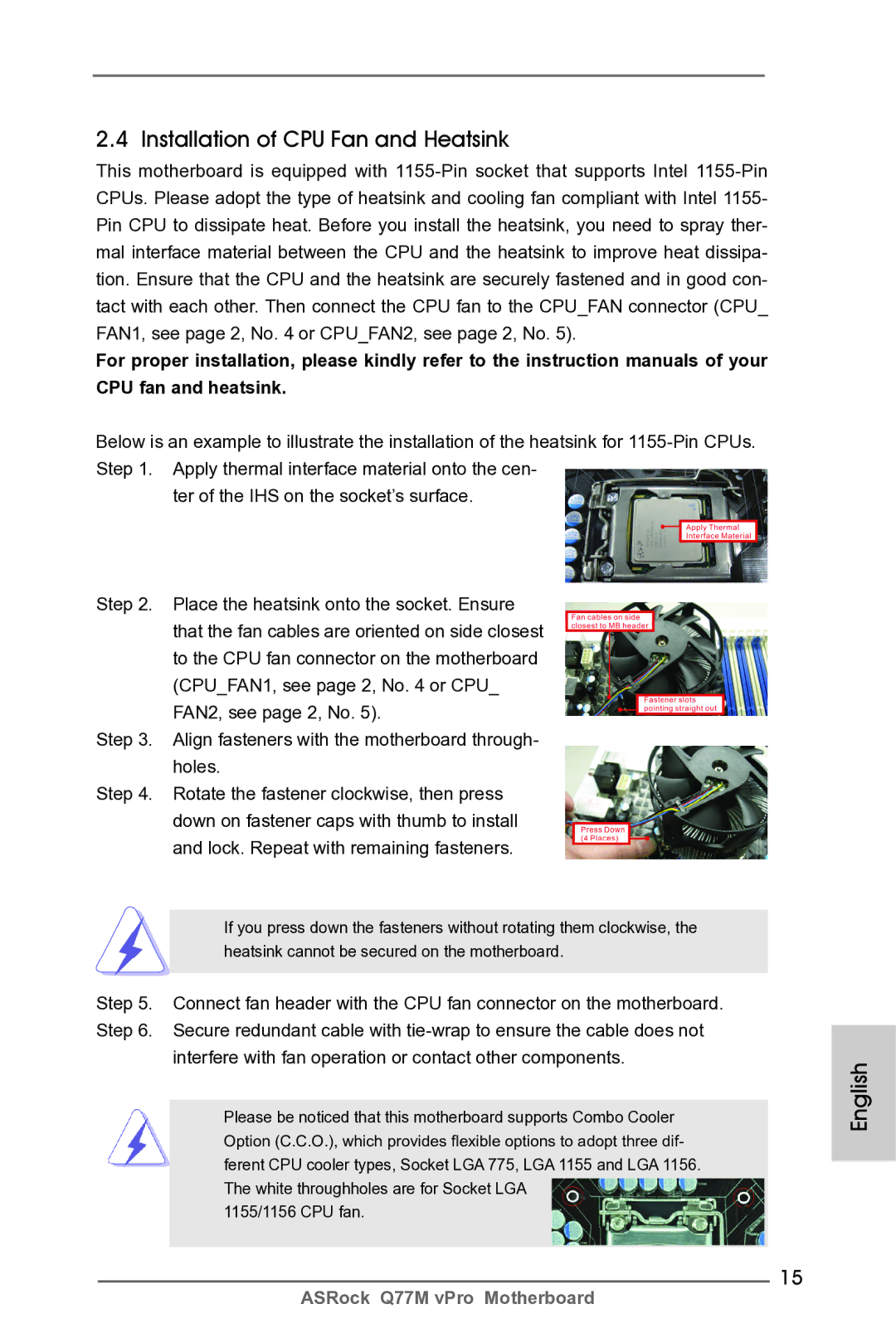 ASRock Q77M vPro manual Installation of CPU Fan and Heatsink 