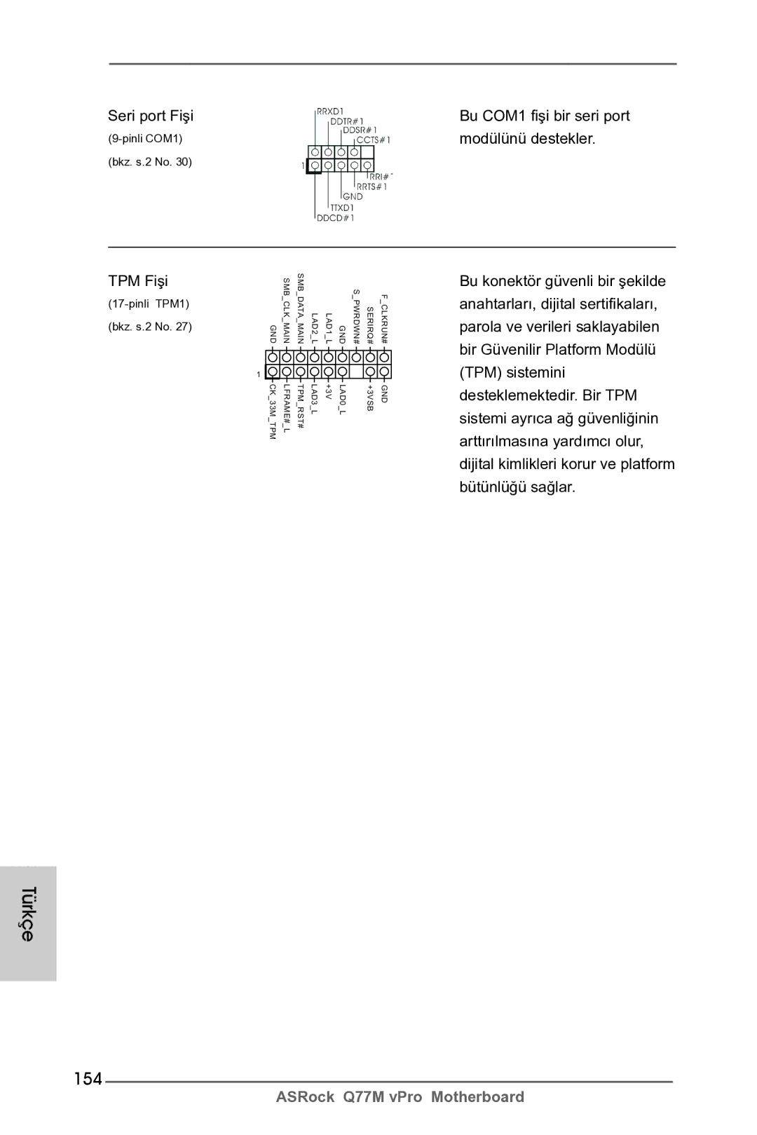 ASRock Q77M vPro manual 154, Seri port Fişi 