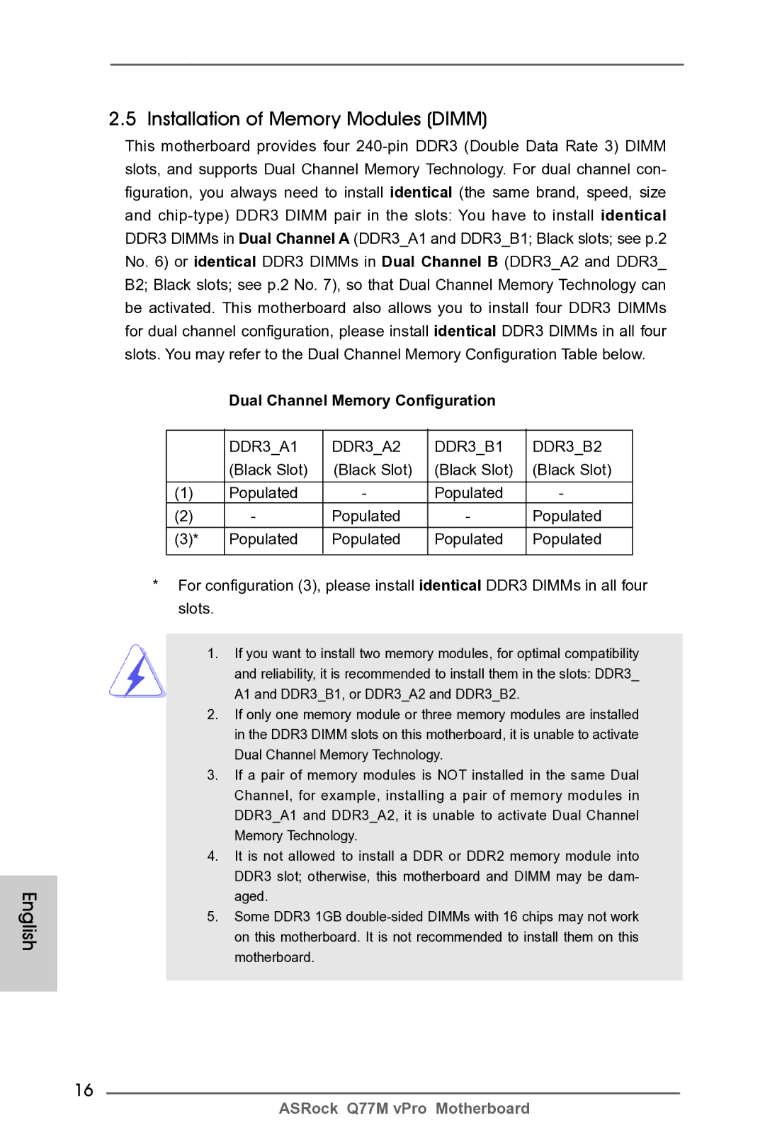 ASRock Q77M vPro manual English Installation of Memory Modules Dimm, Dual Channel Memory Configuration 