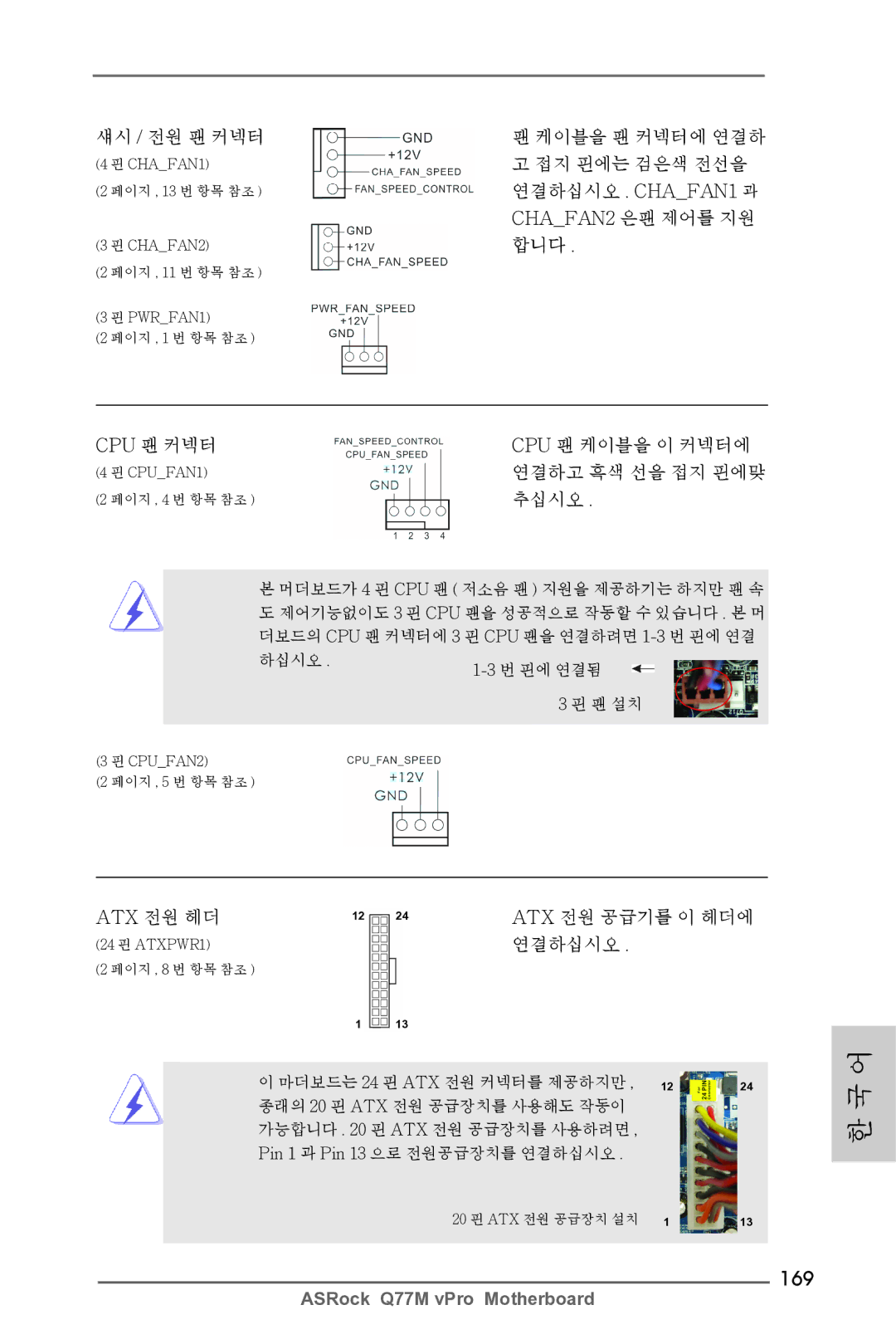 ASRock Q77M vPro manual 169, 연결하십시오 . CHAFAN1 과, CHAFAN2 은팬 제어를 지원 