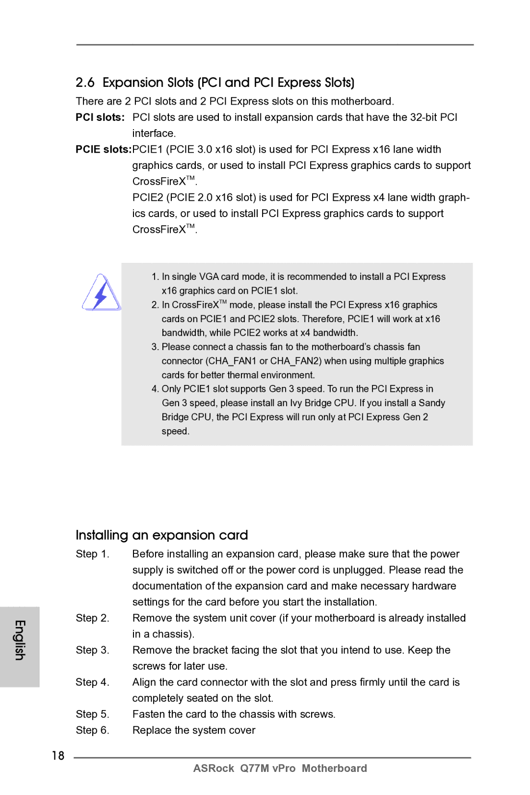 ASRock Q77M vPro manual Expansion Slots PCI and PCI Express Slots, English Installing an expansion card 