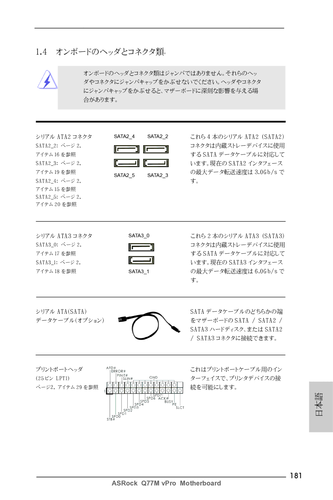 ASRock Q77M vPro manual オンボードのヘッダとコネクタ類。, 181 