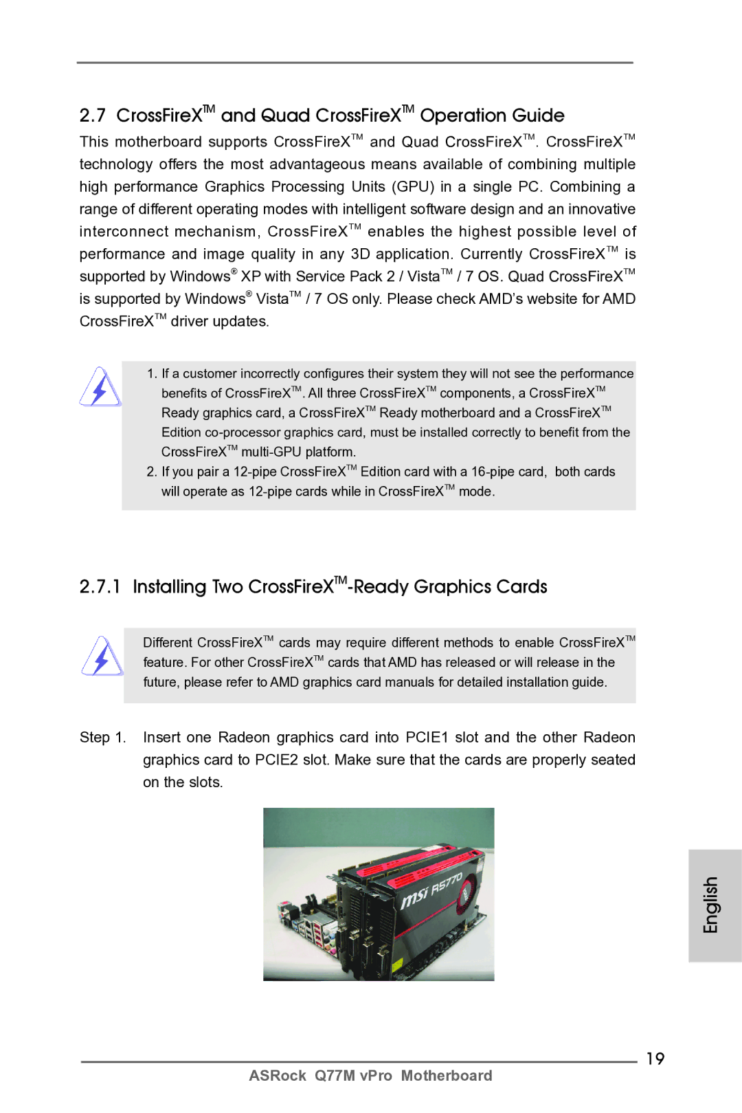 ASRock Q77M vPro CrossFireXTM and Quad CrossFireXTM Operation Guide, Installing Two CrossFireXTM-Ready Graphics Cards 