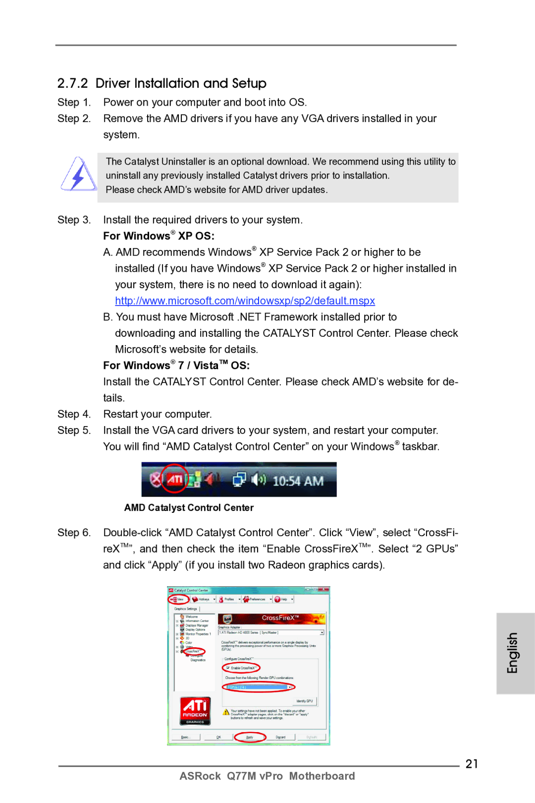 ASRock Q77M vPro manual Driver Installation and Setup, Install the required drivers to your system, For Windows XP OS 