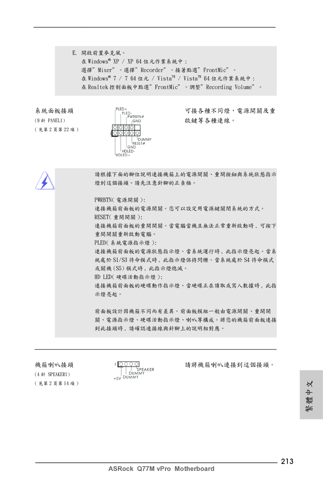 ASRock Q77M vPro manual 213, 啟鍵等各種連線。 