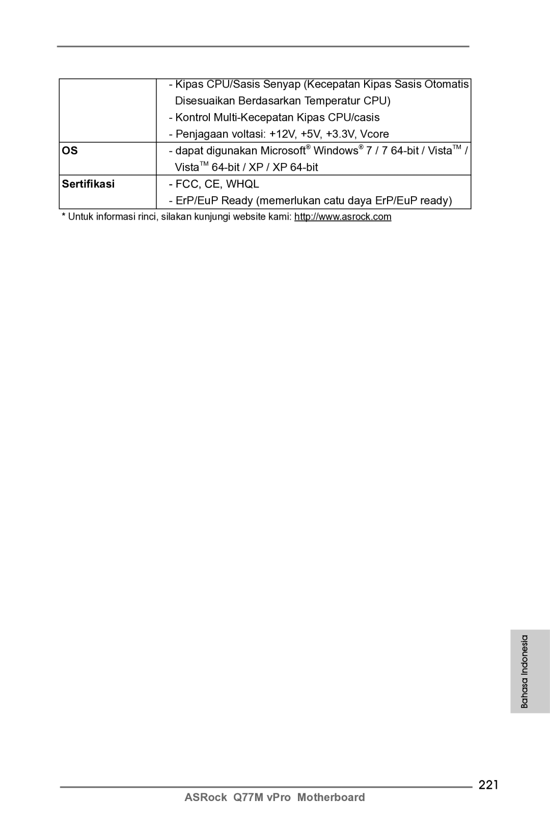 ASRock Q77M vPro manual 221, Sertifikasi 