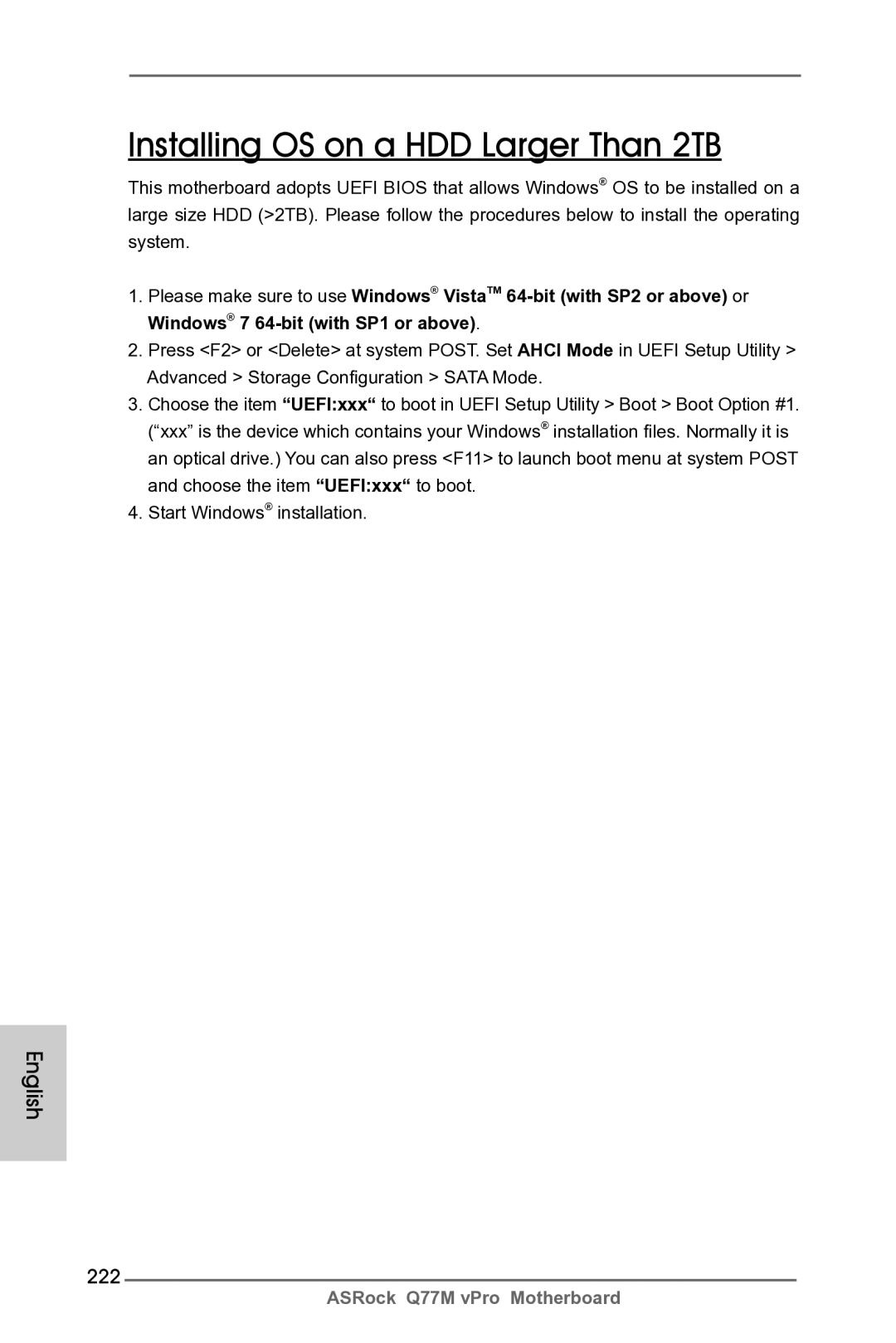 ASRock Q77M vPro manual Installing OS on a HDD Larger Than 2TB, 222 