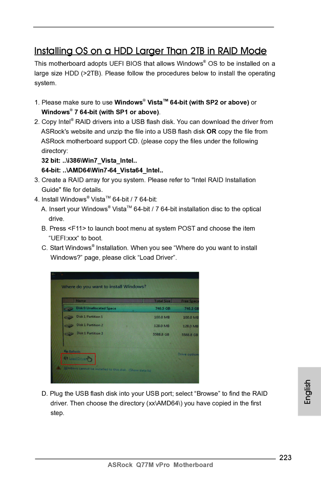 ASRock Q77M vPro manual 223, Bit ..\i386\Win7VistaIntel Bit ..\AMD64\Win7-64Vista64Intel 