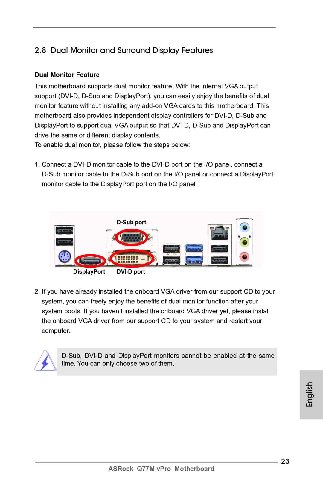 ASRock Q77M vPro manual Dual Monitor and Surround Display Features, Dual Monitor Feature, Sub port DisplayPort 
