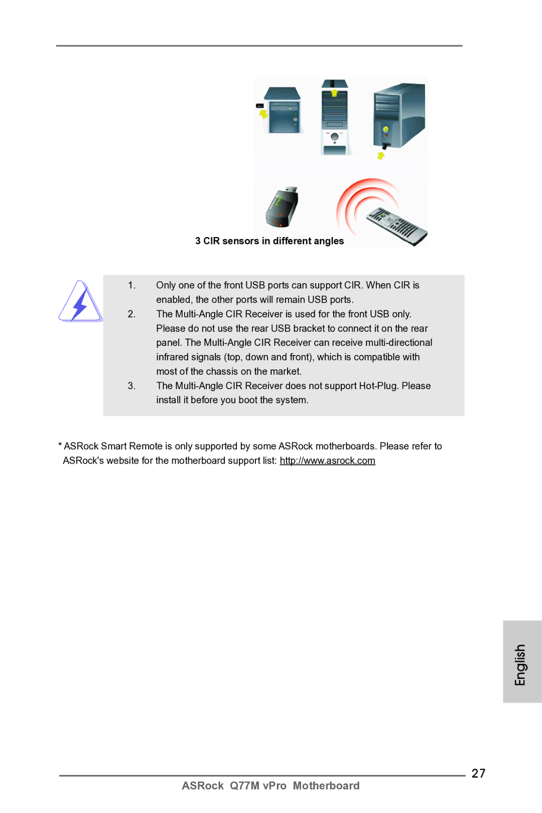 ASRock Q77M vPro manual CIR sensors in different angles 