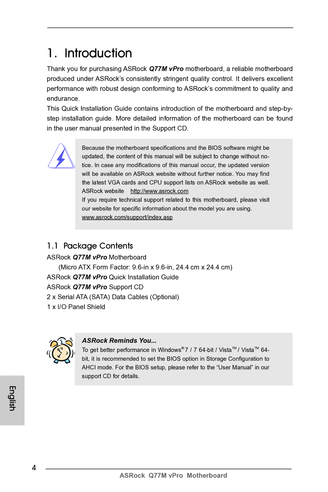 ASRock Q77M vPro manual Introduction, Package Contents 