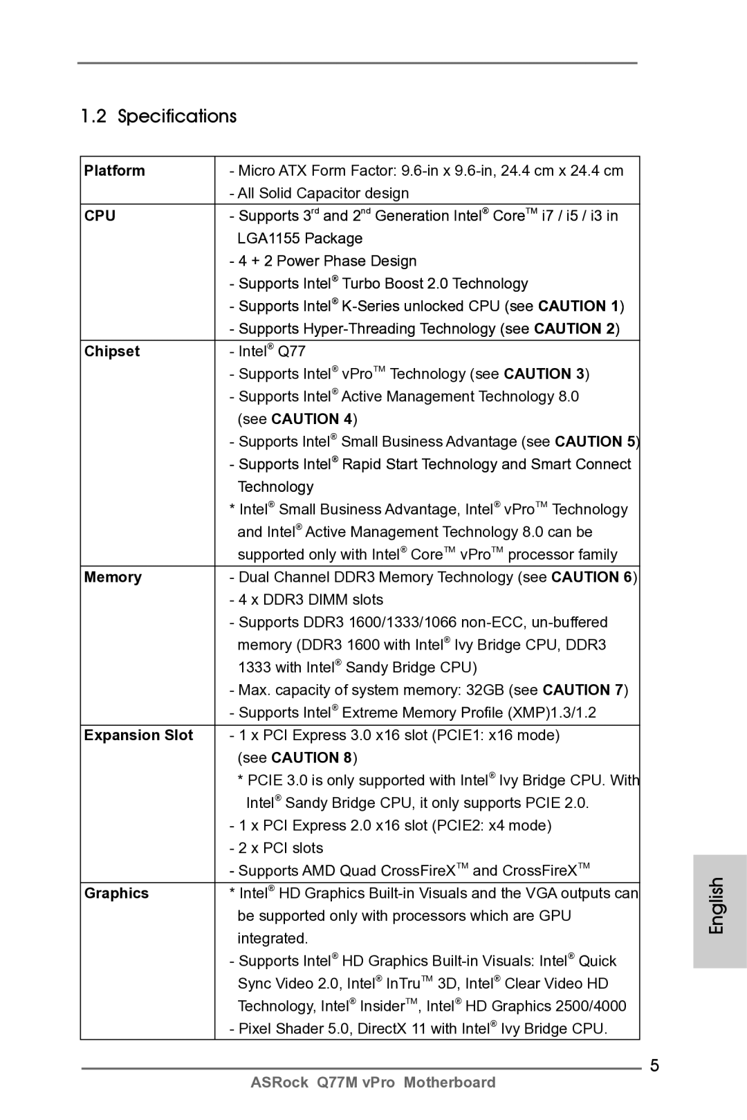 ASRock Q77M vPro manual Specifications 