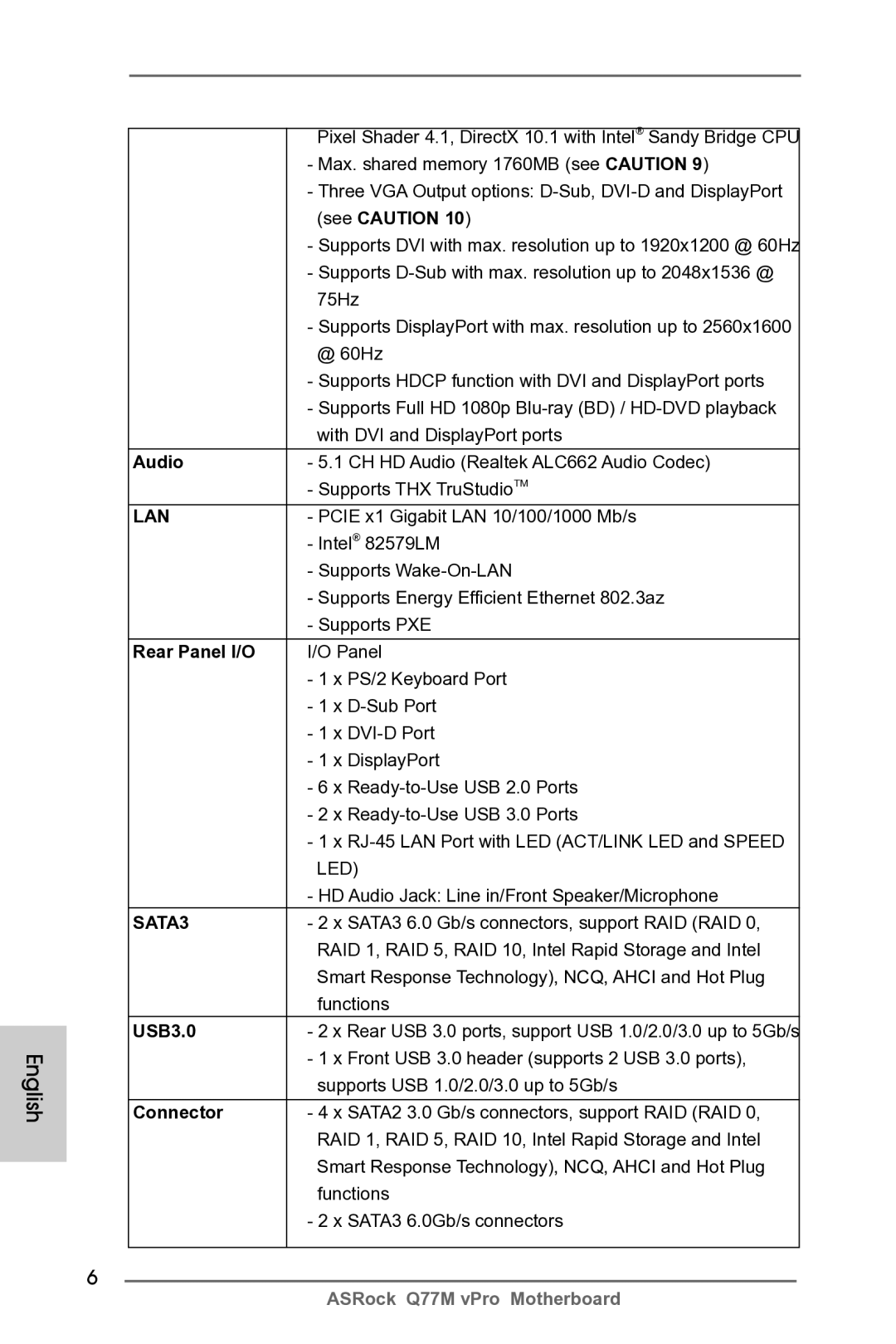 ASRock Q77M vPro manual Audio, Rear Panel I/O, USB3.0, Connector 