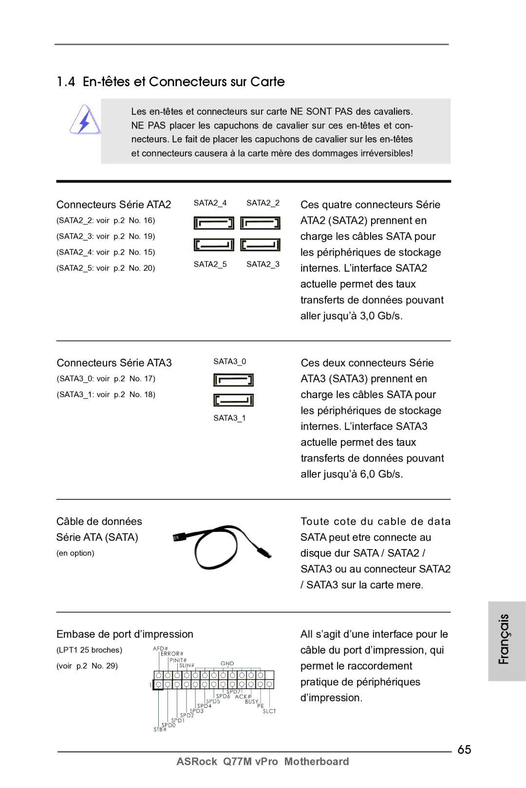 ASRock Q77M vPro manual En-têtes et Connecteurs sur Carte 