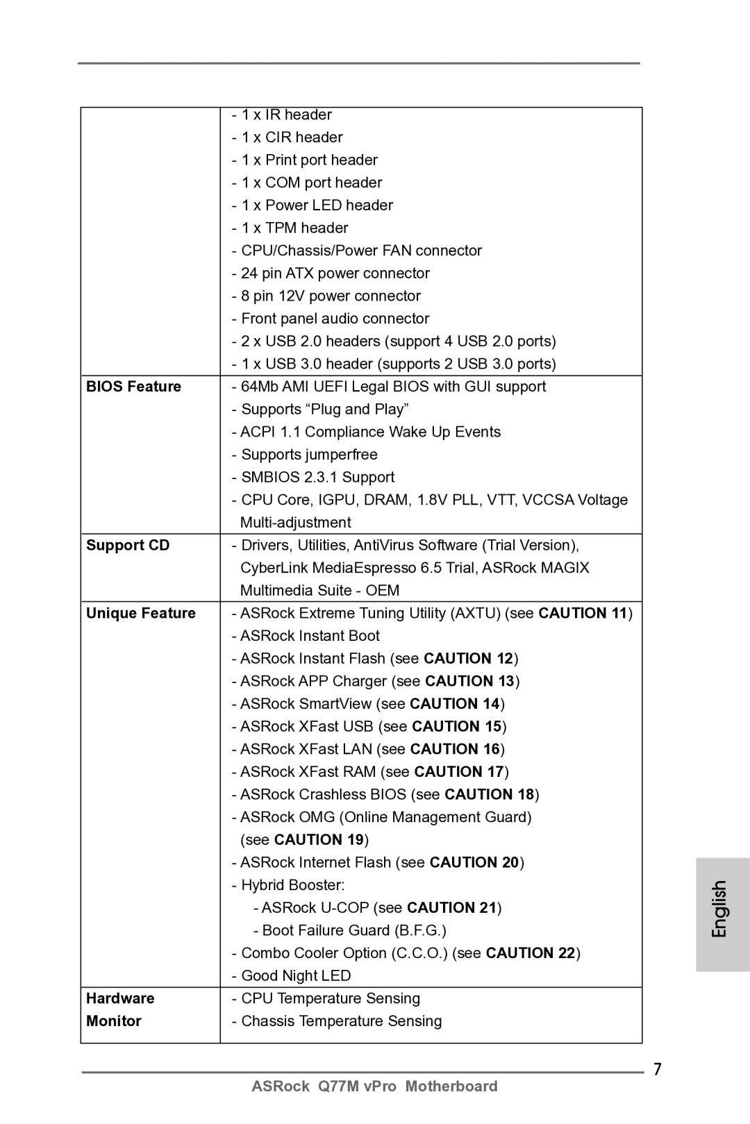 ASRock Q77M vPro manual Support CD, Unique Feature, Hardware, Monitor 