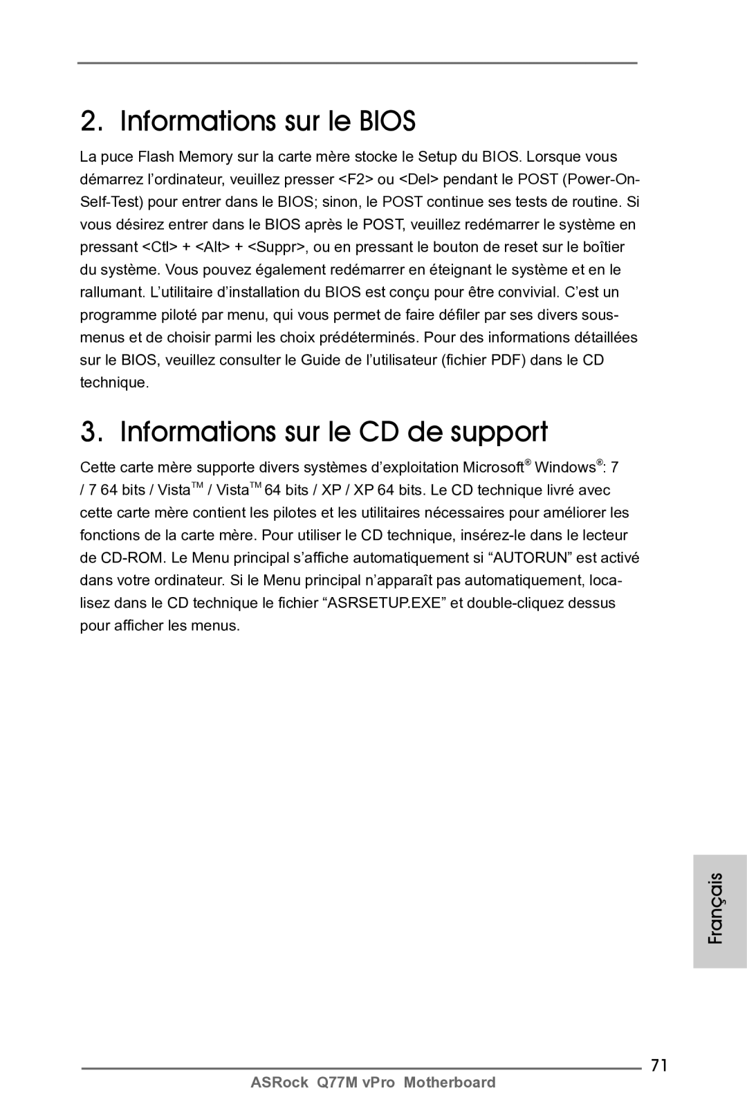 ASRock Q77M vPro manual Informations sur le Bios Informations sur le CD de support 