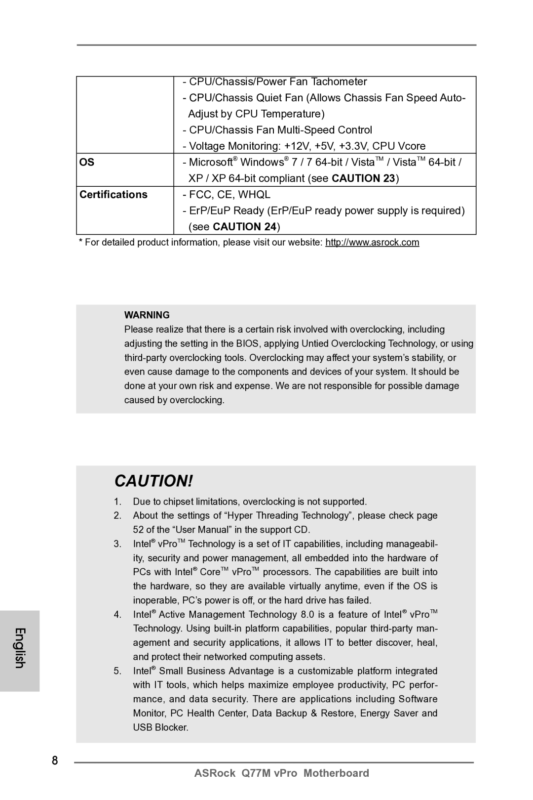 ASRock Q77M vPro manual Certifications 