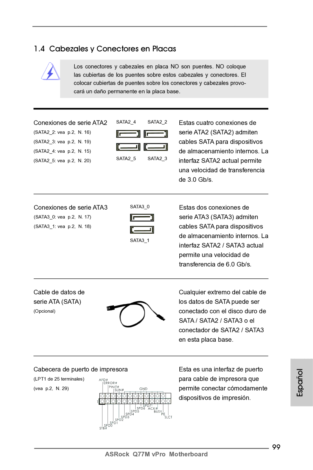 ASRock Q77M vPro manual Cabezales y Conectores en Placas 